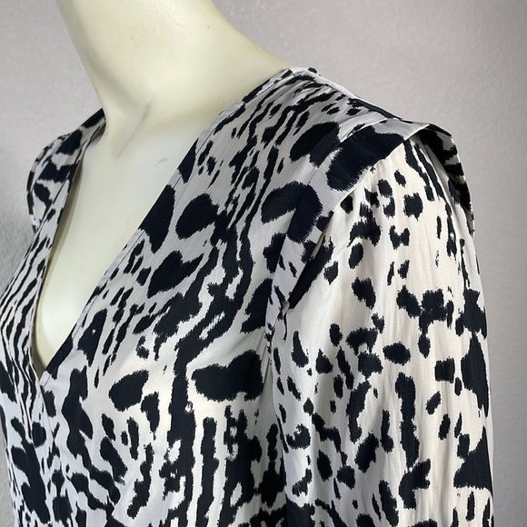 BA&SH Olga Gathered Printed Crepe de Chine Midi Dress Black White Splotchy 0 XS - Picture 5 of 13